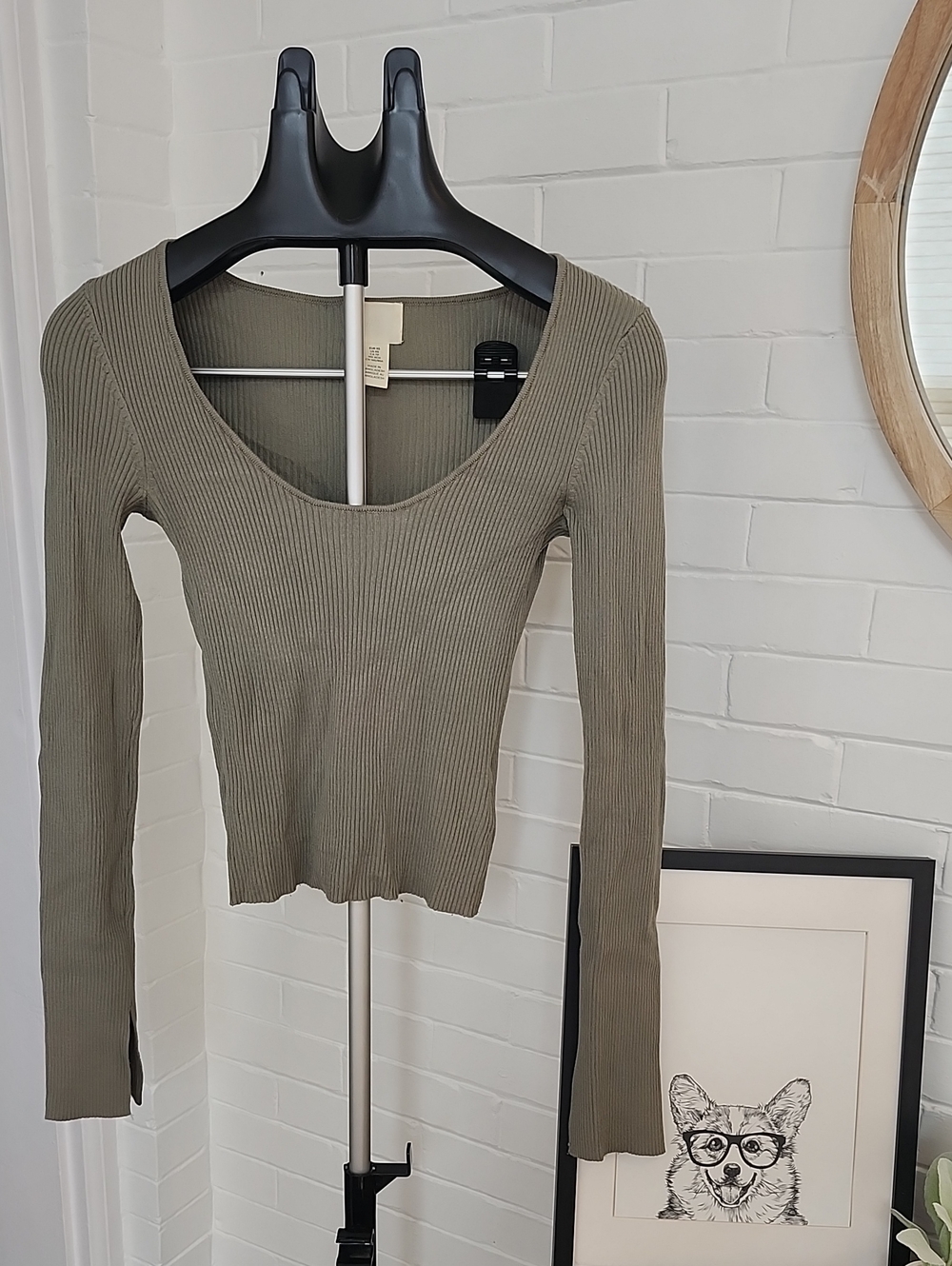 Ribbed Scoop Neck Long Sleeve Top - Olive Green, Xs